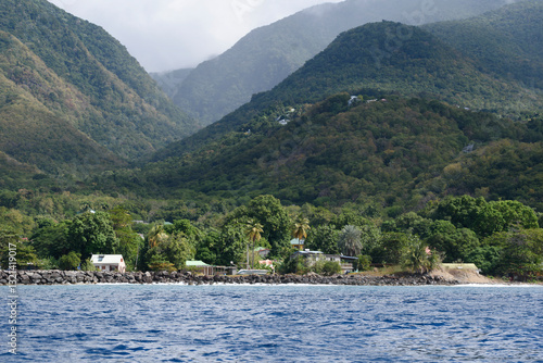 Coastline with houses on the Caribbean Island of Guadeloupe