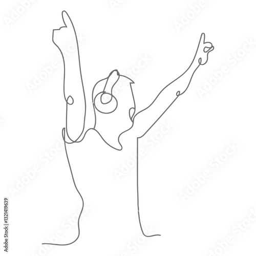 Joyful Soundscape: A minimalist line art of an individual, immersed in music and expressing sheer elation. He wears headphones and moves with arms uplifted. A simple expression of pure musical joy.