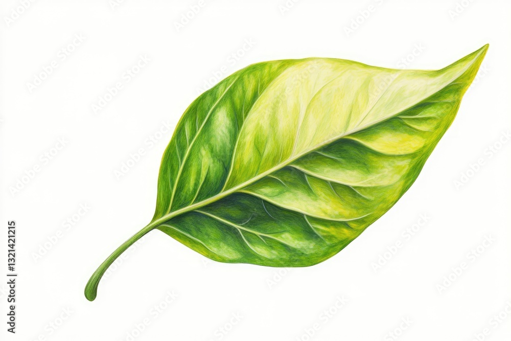 Obraz premium Detailed illustration of a vibrant leaf. A single leaf, depicted in vivid green and pale yellow hues, showcasing intricate vein patterns. The leaf displays a gradient of colors
