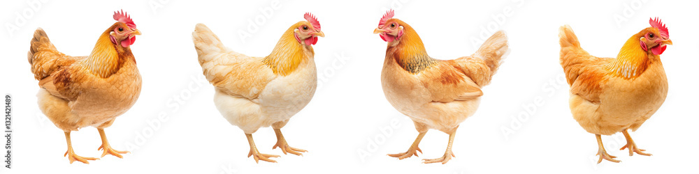 Fototapeta premium A group of chickens including roosters and hens standing together in a traditional farmyard setting with a natural rustic environment