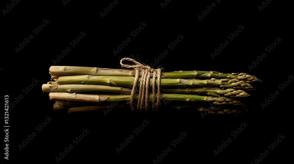 Fototapeta premium Fresh Asparagus Bundle Tied with Twine on Black Background