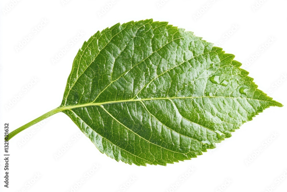 Close-up of a single vibrant green leaf. Healthy, lush foliage, detailed venation pattern, water droplets clinging to surface Close-up of a single vibrant green leaf. Healthy, lush foliage, detailed venation pattern, water droplets clinging to surface