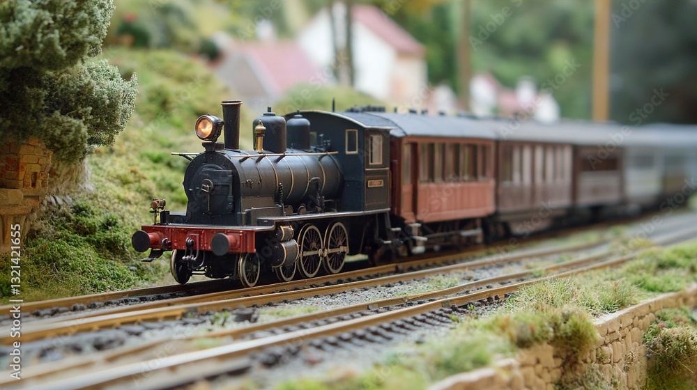 Naklejka premium Vintage Steam Train Model on Scenic Railway Diorama