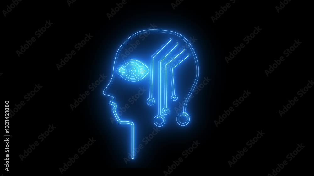 glowing neon a stylized representation of a human head in profile, highlighted in glowing blue neon. The head features circuitry patterns, symbolizing technology or artificial intelligence, particular glowing neon a stylized representation of a human head in profile, highlighted in glowing blue neon. The head features circuitry patterns, symbolizing technology or artificial intelligence, particular