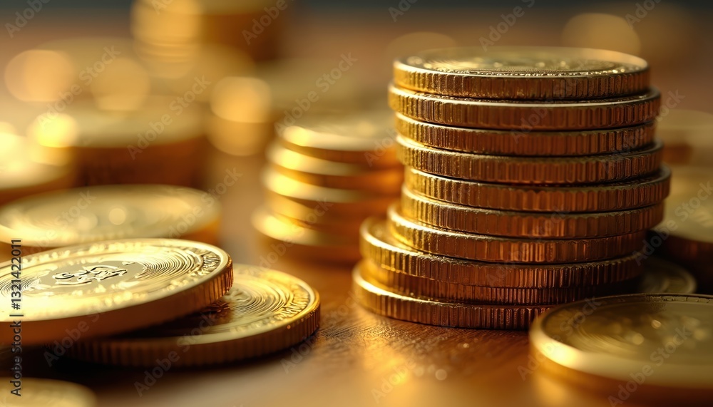 Macro shot of stacked golden coins symbolizes wealth, investment growth, prosperity. Shiny metal money lying heap on a table as sign of business success. Macro shot of stacked golden coins symbolizes wealth, investment growth, prosperity. Shiny metal money lying heap on a table as sign of business success.