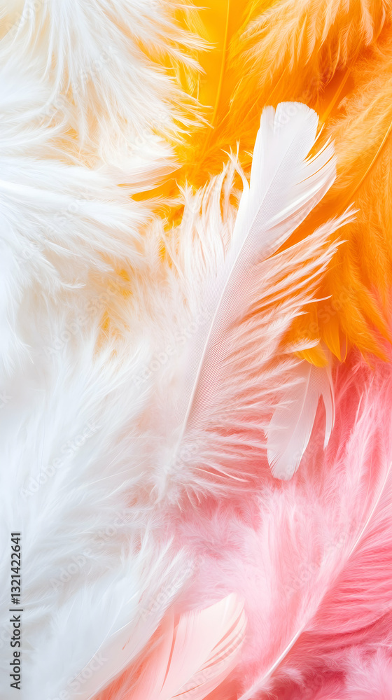 Fototapeta premium Soft pastel feathers in white orange and pink hues create a delicate and airy texture