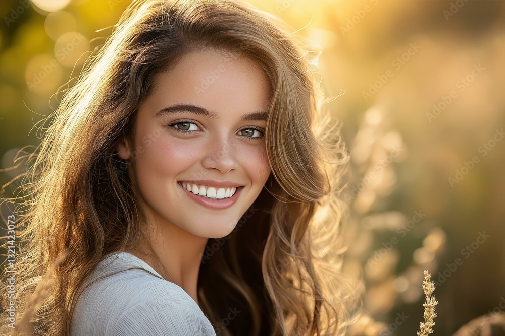 Naklejka premium A smiling young woman enjoying a sunny day in a beautiful outdoor setting.