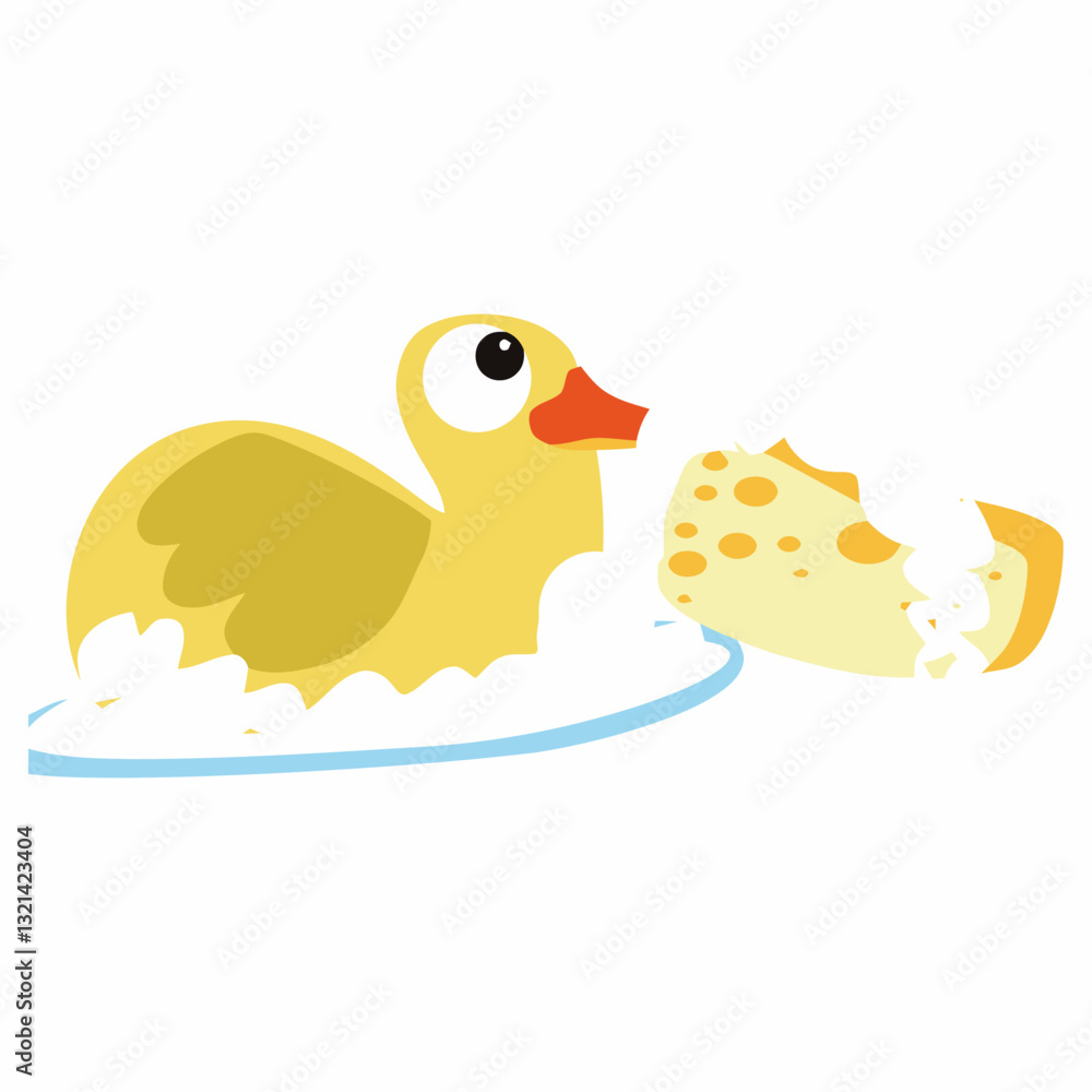 Fototapeta premium Cheerful Duck and Soap: This captivating image showcases a charming yellow duck amidst a bubbly, sudsy haven. The duck's innocent eyes and playful posture radiate joy and lightheartedness.