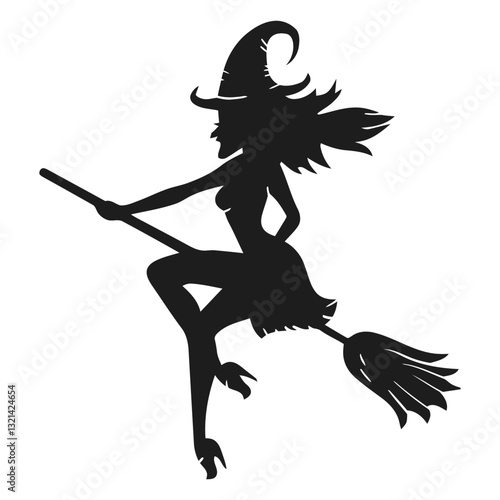Witch Silhouette: A captivating silhouette of a witch gliding on a broomstick, her silhouette against a pristine backdrop. evokes a sense of Halloween spirit.