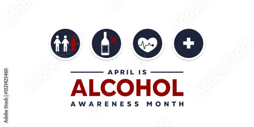 April Is Alcohol Awareness Month. People, alcohol, heart beat and plus icon. Great for cards, banners, posters, social media and more. White background.