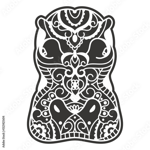 Intricate Hippopotamus Illustration: A stunning black and white illustration, showcasing a stylized hippopotamus, its form adorned with ornate patterns, swirling motifs, and floral embellishments.