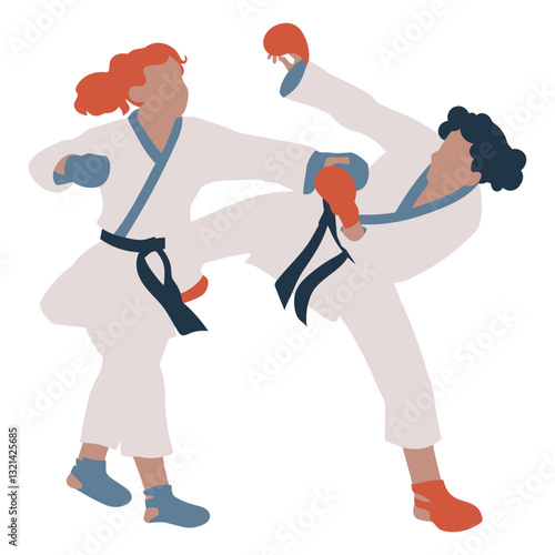 Dynamic Karate Duel: Two martial artists engage in a spirited karate match, their forms frozen in a vibrant display of skill, power, and precision, captured with a unique illustrative style.