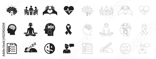Mental Health and Wellbeing Icons set. World Health Day.