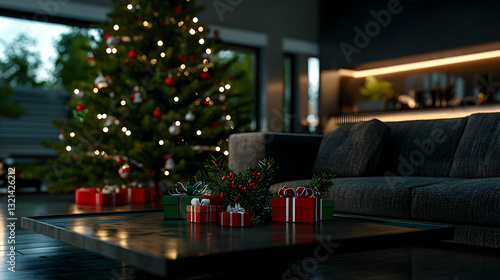 A decorated Christmas tree and gifts are in a modern living room photo