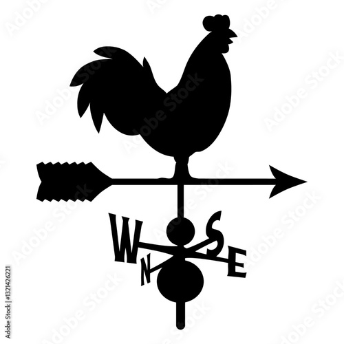 Weather Vane Rooster: Silhouette of a rooster weathervane, showing direction, with weather instruments in simple black graphic.