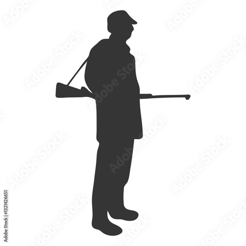 Silhouette of a Hunter: A stark silhouette of a hunter standing, poised with a rifle, representing the solitary pursuit in the wilderness. Capturing the anticipation and respect for nature.