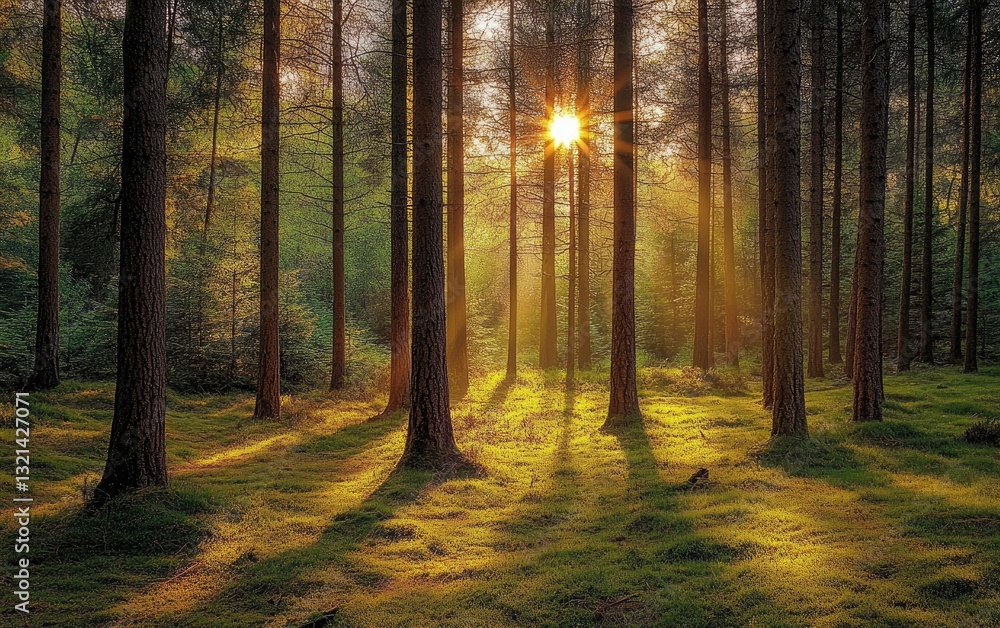 Golden sunlight streams through a dense forest. Sunlight filters through towering trees, casting long shadows across the mossy forest floor. A serene and peaceful scene Golden sunlight streams through a dense forest. Sunlight filters through towering trees, casting long shadows across the mossy forest floor. A serene and peaceful scene