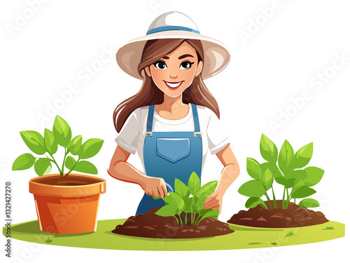 Smiling woman while working in her garden. Isolated