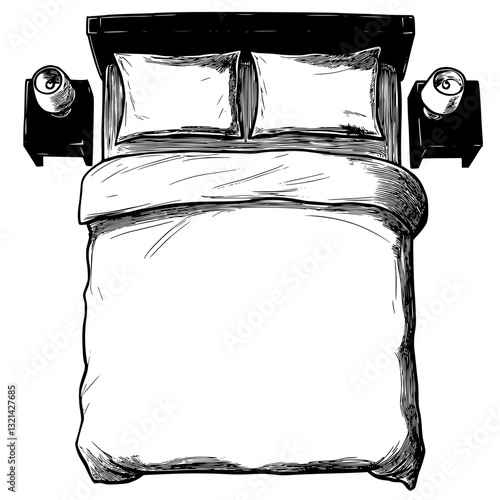 Top view of Full size bed, household object, vector graphic