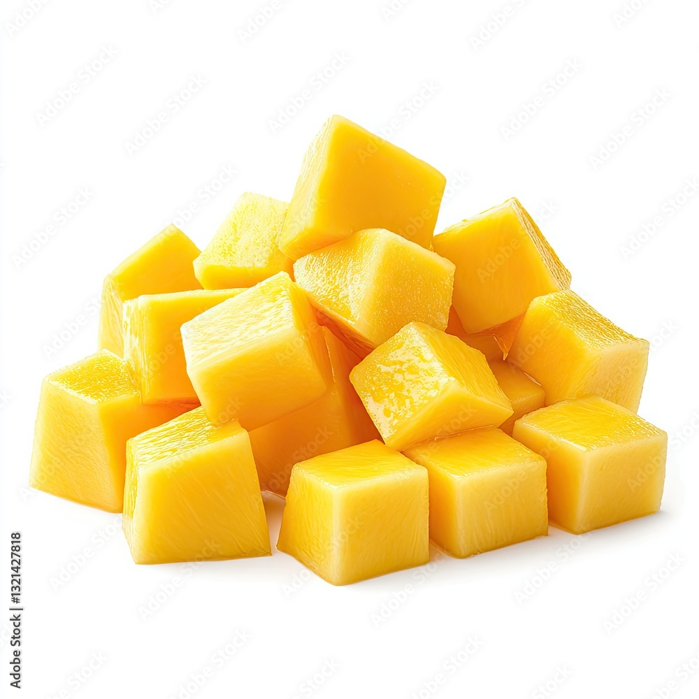Cubed, vibrant yellow mango pieces. Fresh, diced mango chunks, ready to eat or use in recipes. A pile of small, square mango segments against a white background. Bright and appealing Cubed, vibrant yellow mango pieces. Fresh, diced mango chunks, ready to eat or use in recipes. A pile of small, square mango segments against a white background. Bright and appealing