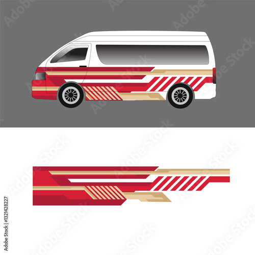 White van body wrap car sticker design with red and gold stripes, suitable for transportation business, delivery service or vehicle advertising campaign