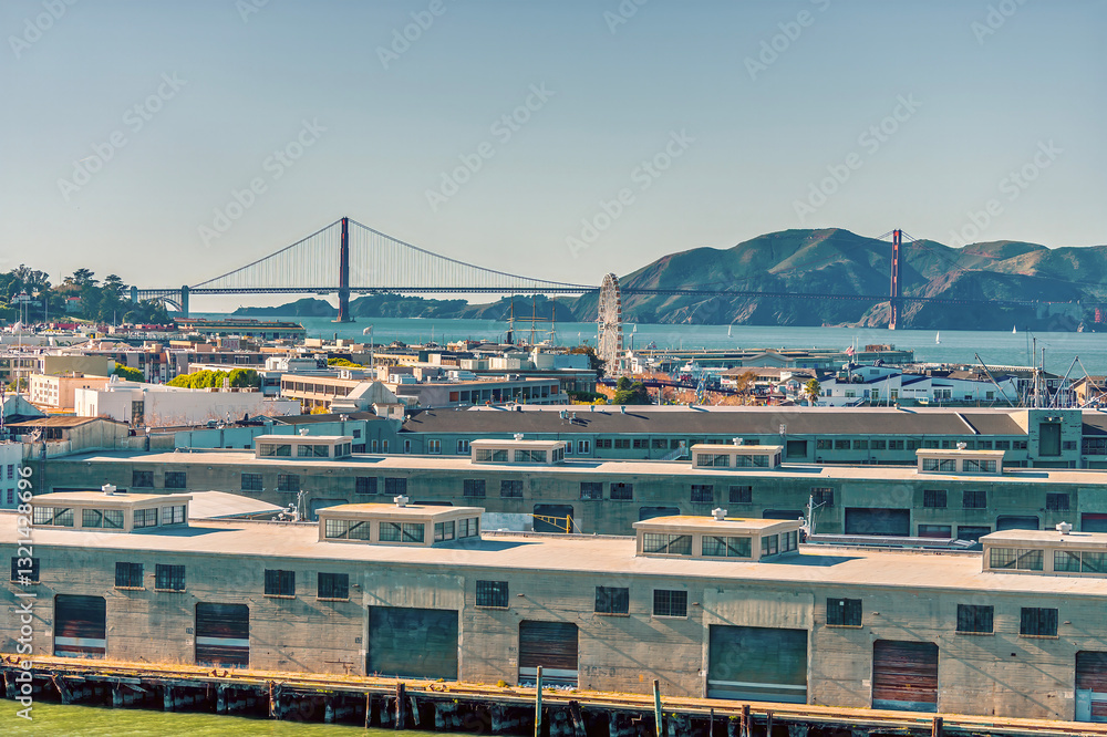 A view over the cruise terminal towards the Golden Gate bridge in San Francisco in early springtime A view over the cruise terminal towards the Golden Gate bridge in San Francisco in early springtime