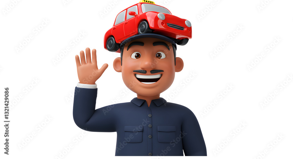 Joyful Cartoon Taxi Driver with Miniature Vehicle on Head, Digital Art Joyful Cartoon Taxi Driver with Miniature Vehicle on Head, Digital Art
