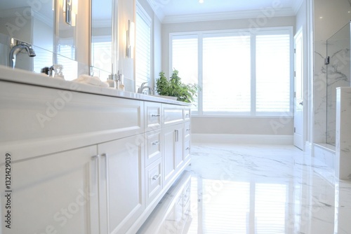 Luxurious modern bathroom featuring sleek design and ample natural light