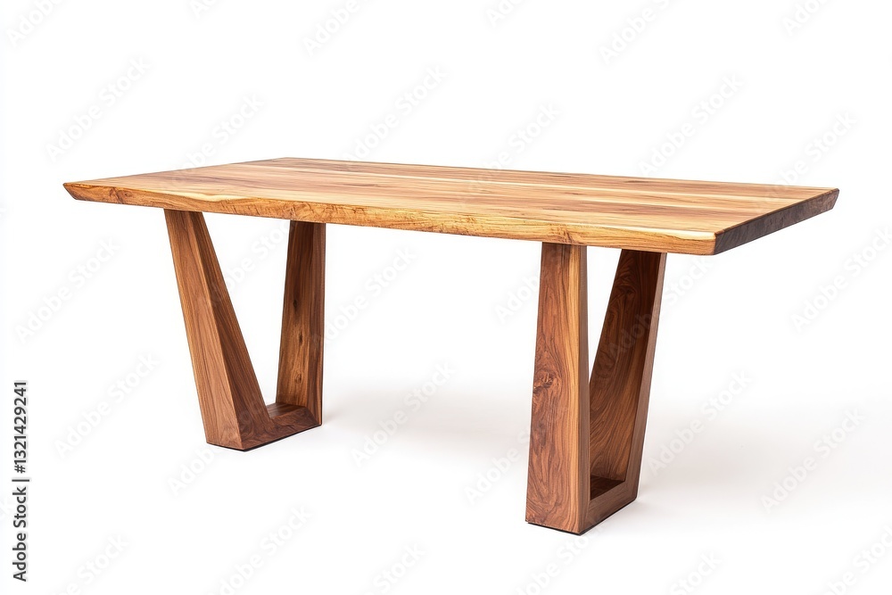 Modern wooden dining table with unique legs. A solid wood rectangular table with distinctive V-shaped legs. The natural wood grain is visible Modern wooden dining table with unique legs. A solid wood rectangular table with distinctive V-shaped legs. The natural wood grain is visible