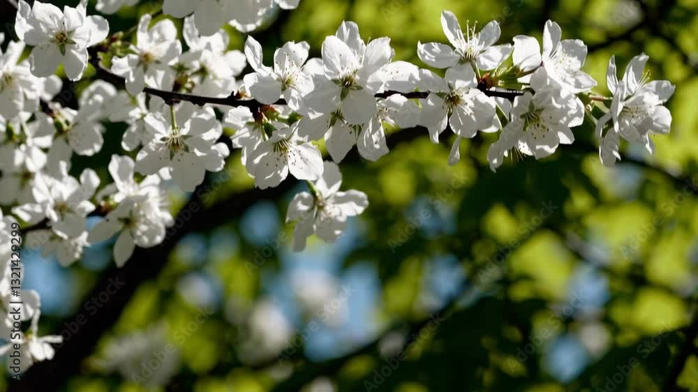 Close-up of white cherry blossoms on a branch, gently swaying in the spring breeze, with blurred green leaves in the background Close-up of white cherry blossoms on a branch, gently swaying in the spring breeze, with blurred green leaves in the background
