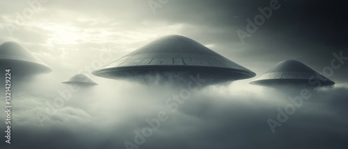 A group of alien shaped UFOs are flying through a cloudy sky