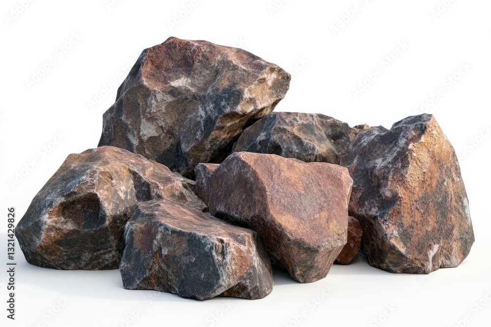 Pile of rugged rocks. A collection of various-sized, unevenly textured rocks, displaying shades of brown and gray Pile of rugged rocks. A collection of various-sized, unevenly textured rocks, displaying shades of brown and gray