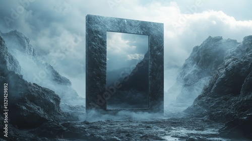A large, reflective, and foggy door is in the middle of a rocky
