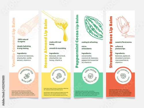 Handcrafted lip balm labels showcasing natural ingredients and benefits for healthy skin care