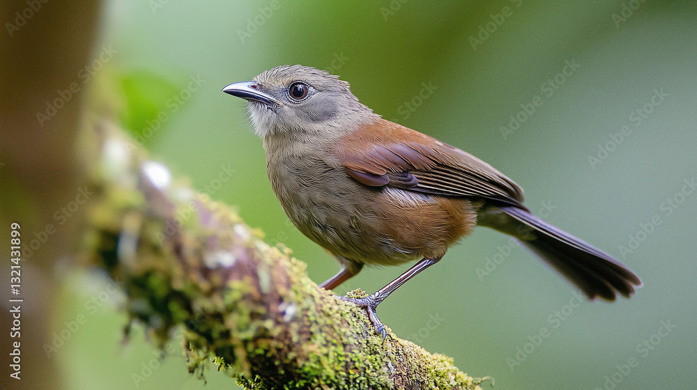Obraz premium Close-up of green-brown feathered bird perched on branch in peaceful forest habitat. Vibrant wildlife details, natural textures, and soft bokeh with high-resolution clarity for birdwatching themes