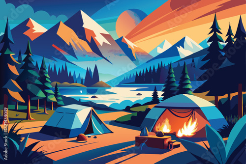 Night camp cartoon vector concepts. tents campfire rocks river coast, camping tourist stuff pond shore, traveler midnight halt mountains horizon moonlight landscape illustrations