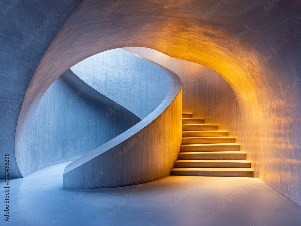 Obraz premium Modern Architectural Spiral Staircase with Curved Walls and Warm Ambient Lighting