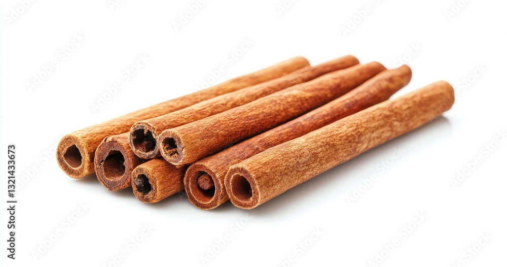 Aromatic cinnamon sticks, close-up. Stacked cinnamon quills. Dried spices for culinary use. Natural, warm tones, arranged on a white background Aromatic cinnamon sticks, close-up. Stacked cinnamon quills. Dried spices for culinary use. Natural, warm tones, arranged on a white background