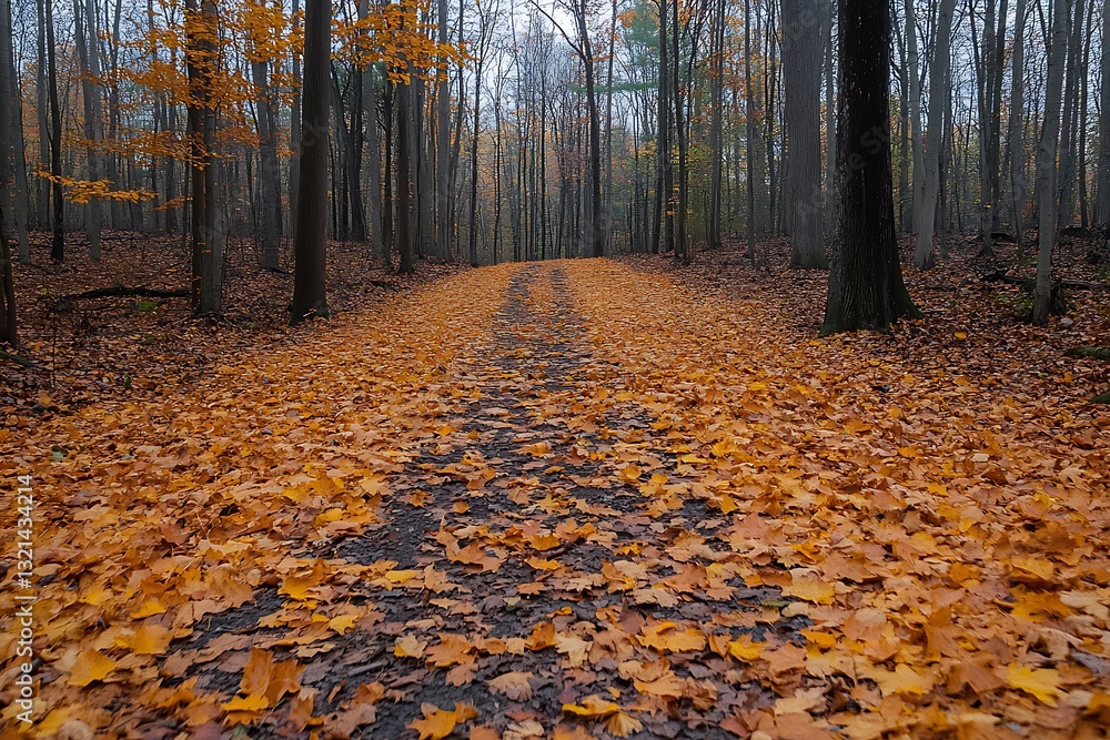 Obraz premium Autumnal forest path covered in fallen leaves.
