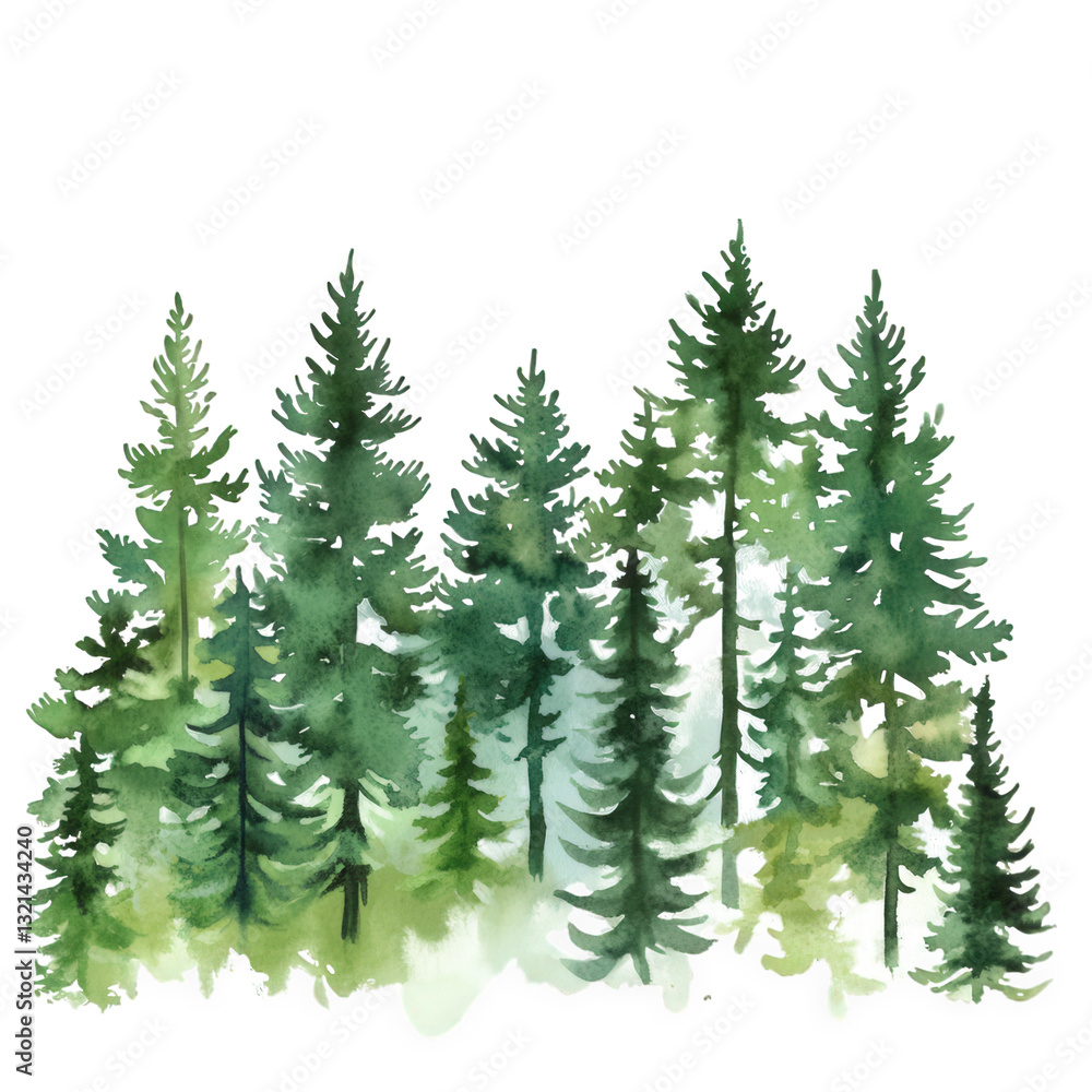 Obraz premium a watercolor illustration depicting a cluster of evergreen trees showcasing various shades of green and a soft natural aesthetic ideal for nature-themed designs or environmental projects