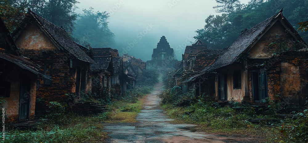 Mystical Temple Village Amidst Foggy Woodlands, A Lost World Mystical Temple Village Amidst Foggy Woodlands, A Lost World