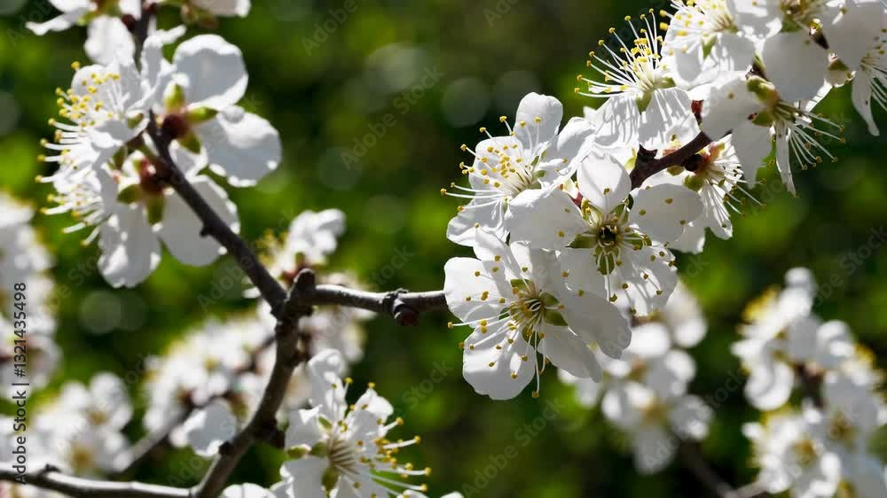 Close-up of white cherry blossoms gently swaying in the breeze, capturing the essence of spring Close-up of white cherry blossoms gently swaying in the breeze, capturing the essence of spring