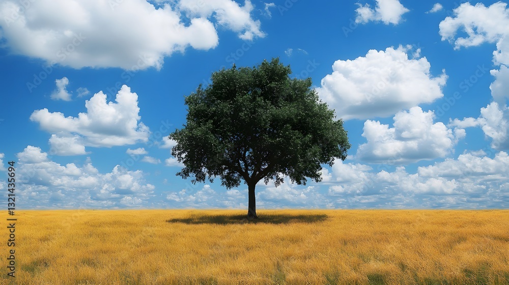Fototapeta premium 21. **A single tree standing alone in the middle of an open field**