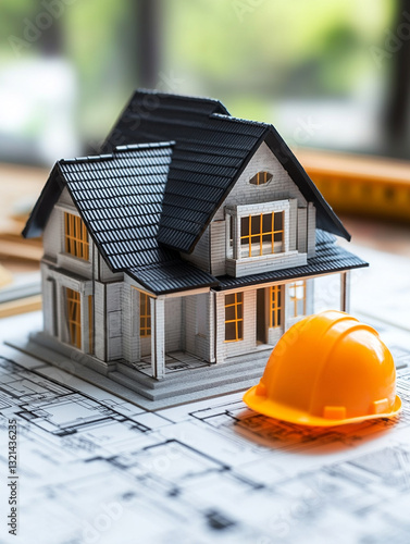 House model with helmet and blueprints shown