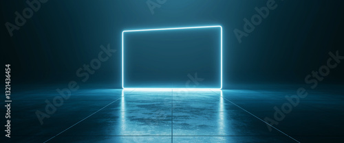 Bright blue neon rectangular frame on dark floor, showcasing blank space ideal for product display or text overlay, creating a futuristic and minimalist aesthetic