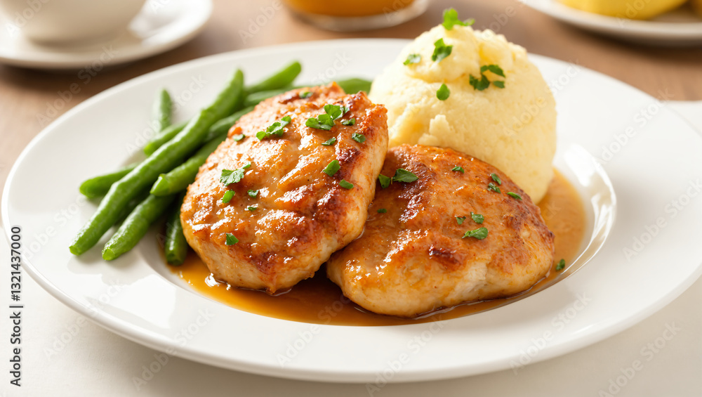 Juicy glazed chicken breasts with mashed potatoes and green beans, served on a white plate. Classic homemade comfort food with rich sauce, tender texture, and perfect seasoning
Juicy glazed chicken breasts with mashed potatoes and green beans, served on a white plate. Classic homemade comfort food with rich sauce, tender texture, and perfect seasoning