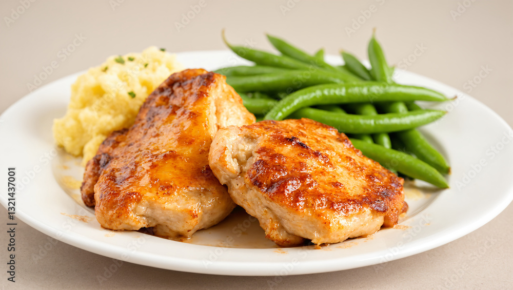 Crispy golden chicken thighs served with mashed potatoes and green beans on a white plate. Hearty homemade meal with a perfect balance of flavors, textures, and comforting warmth
Crispy golden chicken thighs served with mashed potatoes and green beans on a white plate. Hearty homemade meal with a perfect balance of flavors, textures, and comforting warmth