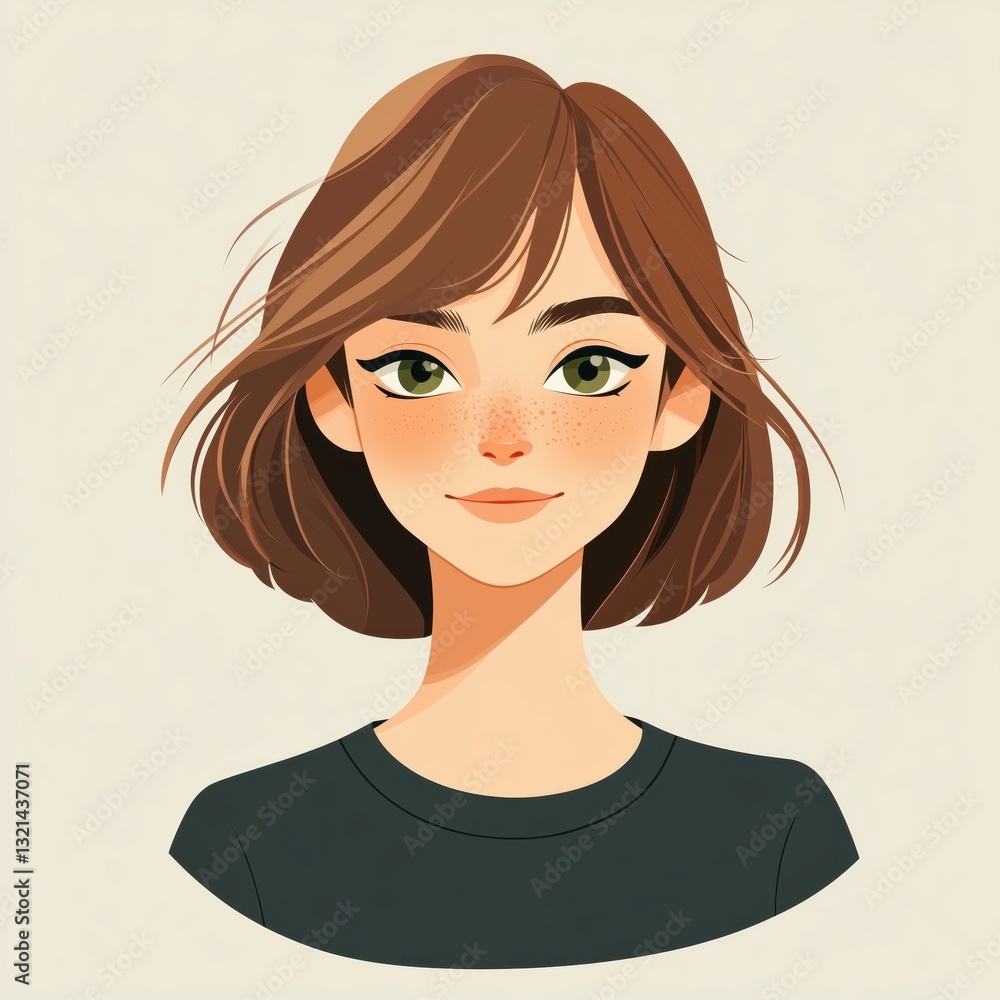 A woman with shoulder streight light Brown hair and long bang, freckless and green brown eyes, A woman with shoulder streight light Brown hair and long bang, freckless and green brown eyes,