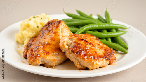 Crispy golden chicken thighs served with mashed potatoes and green beans on a white plate. Hearty homemade meal with a perfect balance of flavors, textures, and comforting warmth

