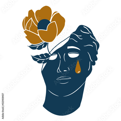 Metamorphosis of Antiquity: A melancholic bust blooms with a golden flower, symbolizing transformation, loss, and the intersection of nature and classical art in a digitally crafted illustration.